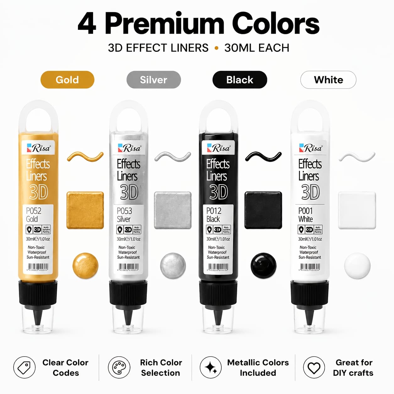 TEMU 4-color Acrylic Paint Set, Golden, Silver, Black And White Artistic Acrylic Pigment Kit, 1 Oz Each, Precision Tip For Canvas, Glass, Wood, Stone, Ceramics And Crafts, Multi- Applications