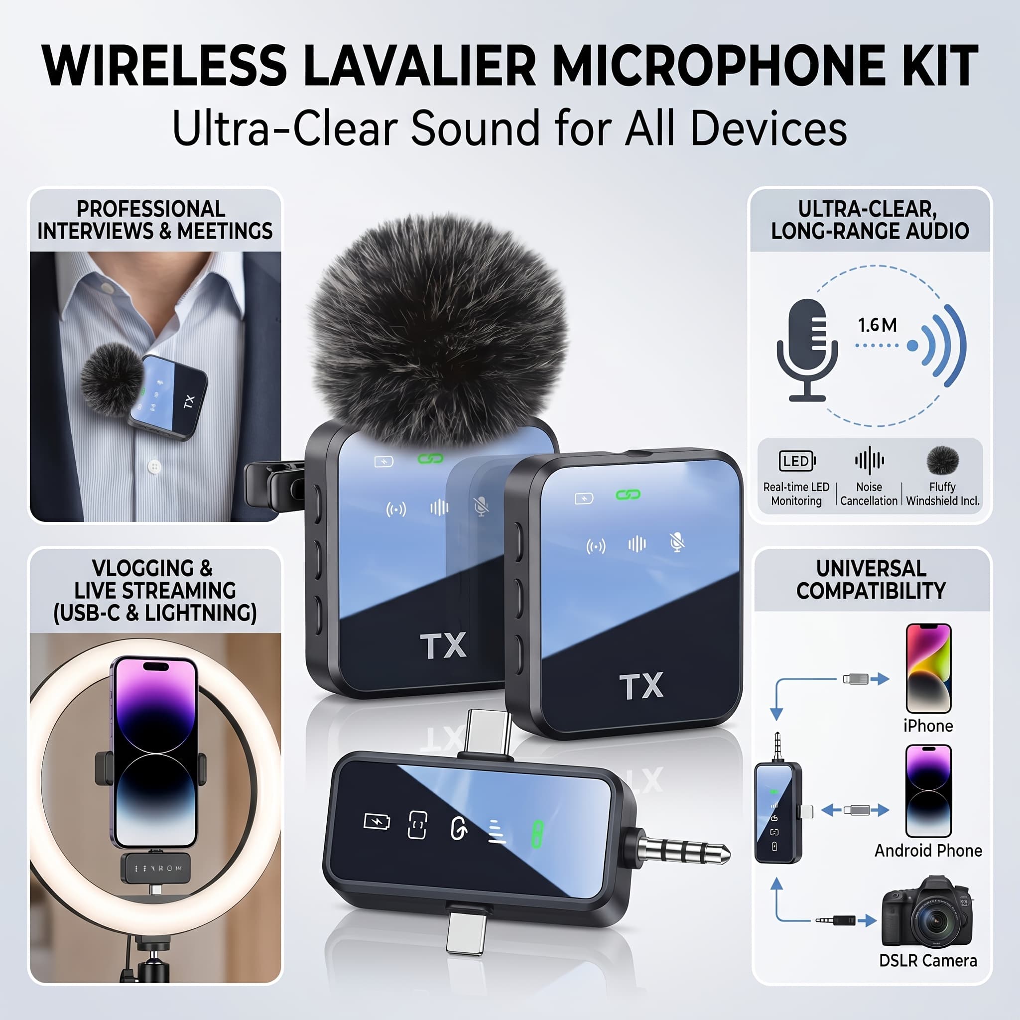 TEMU Wireless Lavalier Microphone 3 In 1 For Iphone//camera, 328ft Range, 18 Hours , Compact Microphone For Recording Interviews And Vlogs On Smartphones