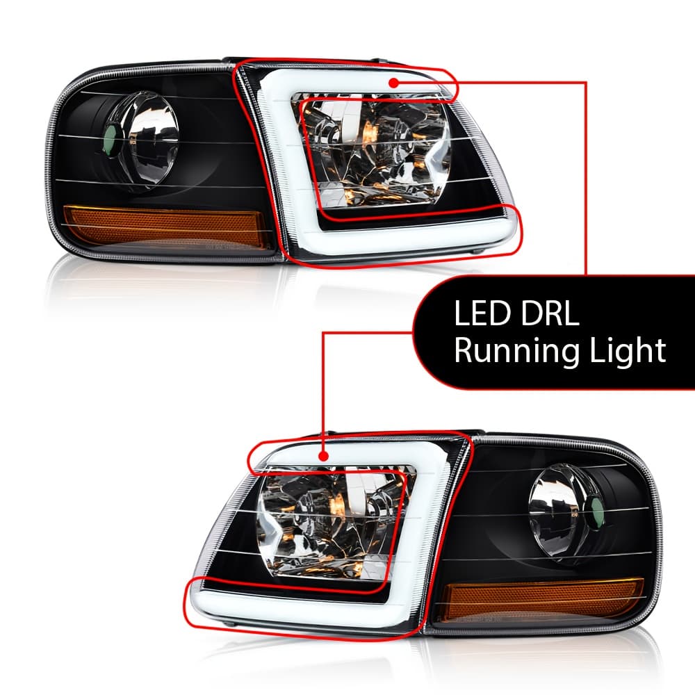 TEMU Lightning Style Headlights Led Drl Strip For Ford For Expedition 1997-2002 For F150 1997-2004 For 1997-1999 Clear Lens Black Housing Amber Reflector
