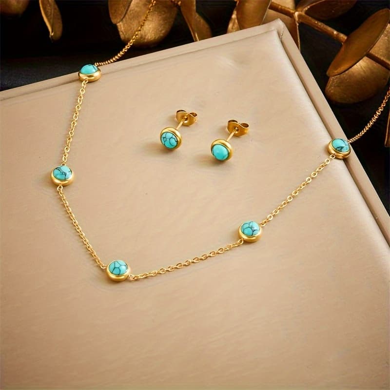 TEMU European And Niche Design Retro Simple Circular Turquoise Accessories Chain Necklace Earrings Stainless Steel Set