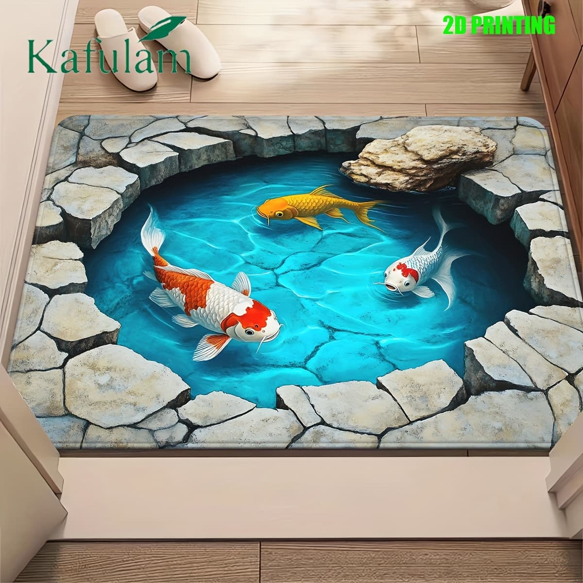 TEMU 1pc 2d Carpet With Koi | Flannel And Polyester, Machine Washable, Suitable For Bathroom, Bedroom, Living Room Entrance | Durable And Decorative Bath Mat