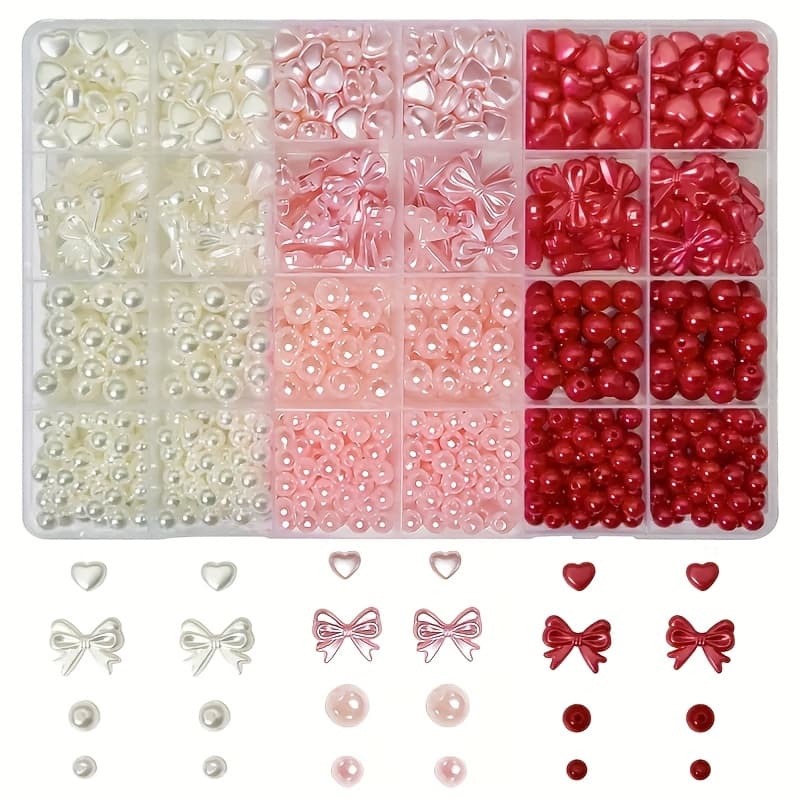 TEMU 748pcs 6-20mm 24-grids Color Beads, Acrylic Beads. Bowknot Heart-shaped, Beads. Bracelets, Necklaces, Mobile Phone Chains, Additions, Jewelry, Decorative Beads, (white, Korean Pink, Red)