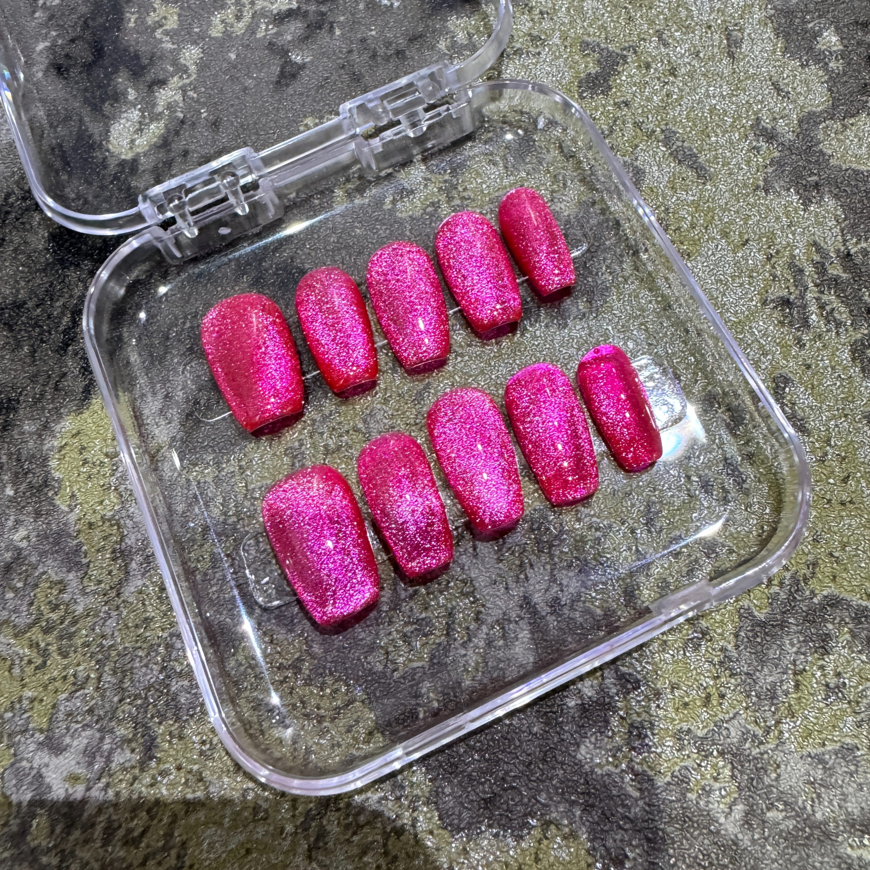 TEMU Dragon Fruit-colored Cat Eye Nails That The , Handmade Sweetheart Press-on Nails With A Sparkling Finish