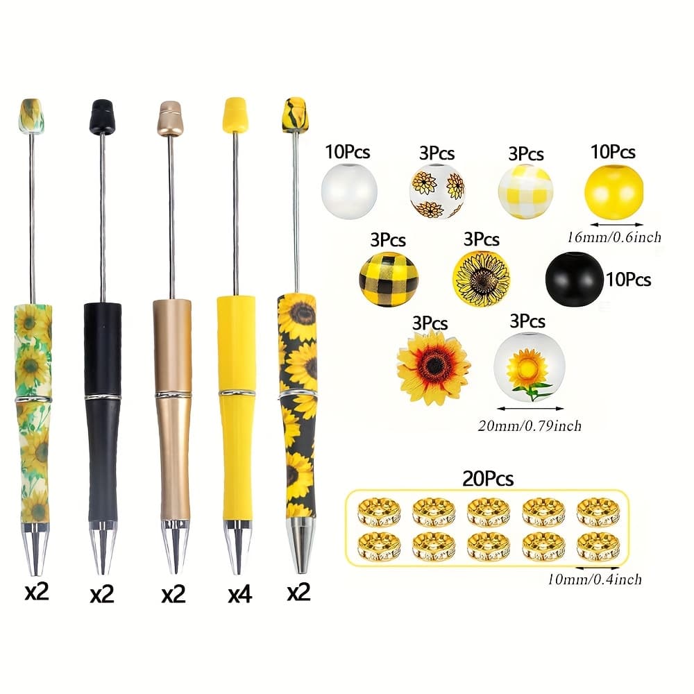 TEMU 12 Sets Of Bead Pens With A Sunflower Design - Craft Kit, Includes Wooden And Spacer Beads, Black Ink Ballpoint Pens, Ideal For Gifts And Educational Supplies