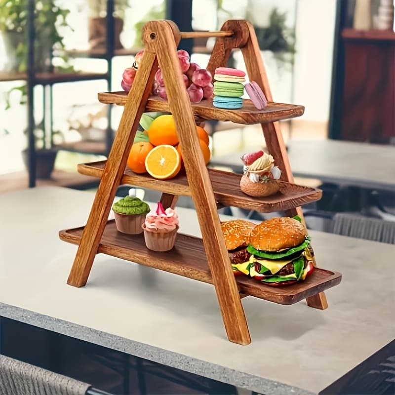 TEMU Natural Wood 3 Tier Serving Tray, Cake Stand, Bread Basket, Farmhouse Dessert Display Stand For Wedding, Party And Charcuterie, Collapsible And Decorative Tiered Food Platter,