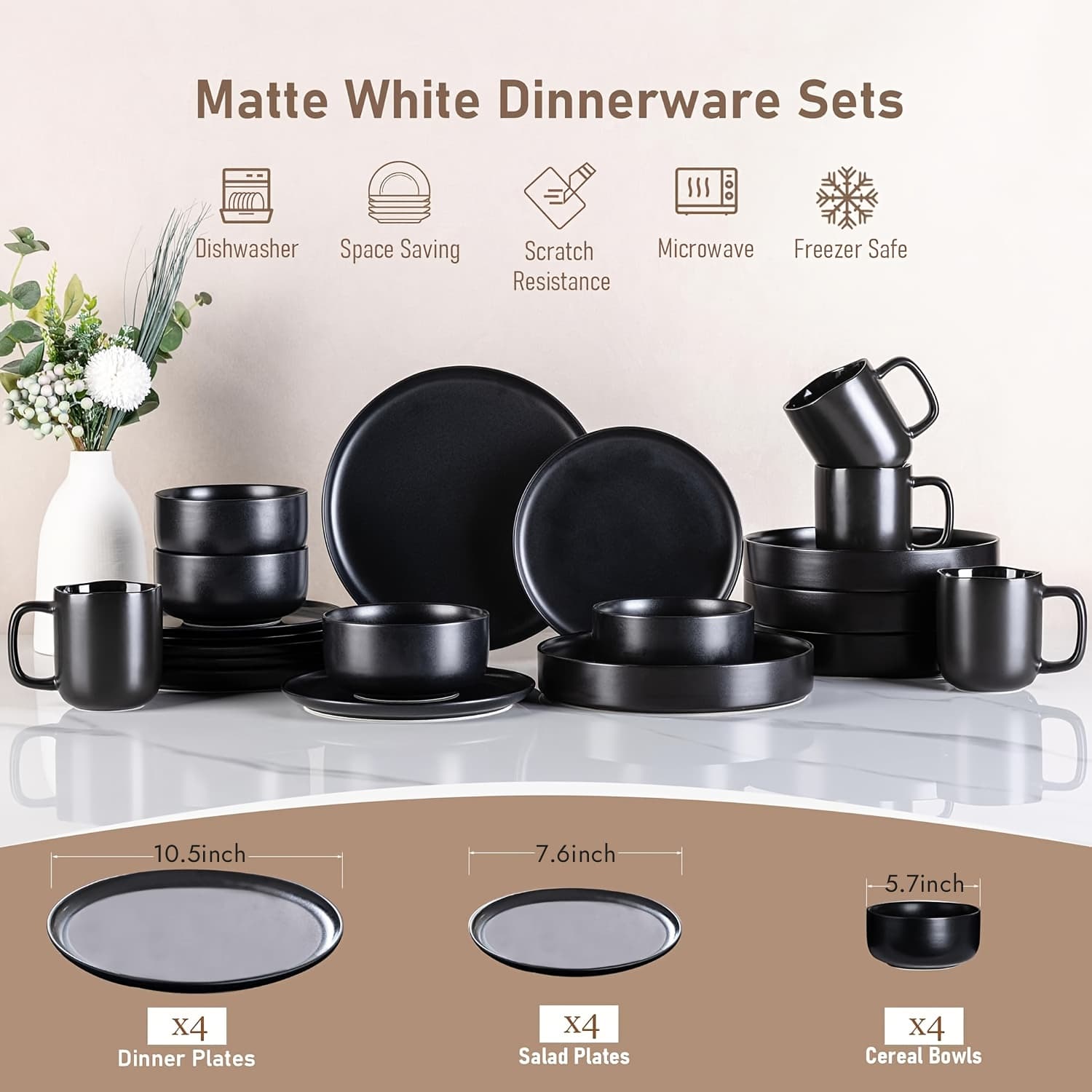 TEMU 12pcs Matte Black Stoneware, Scratch Stylish Straight Shapes Plates And Bowls, Christmas Kitchen Accessories, Service For 4, Minimalist , Microwave And Dishwasher Safe