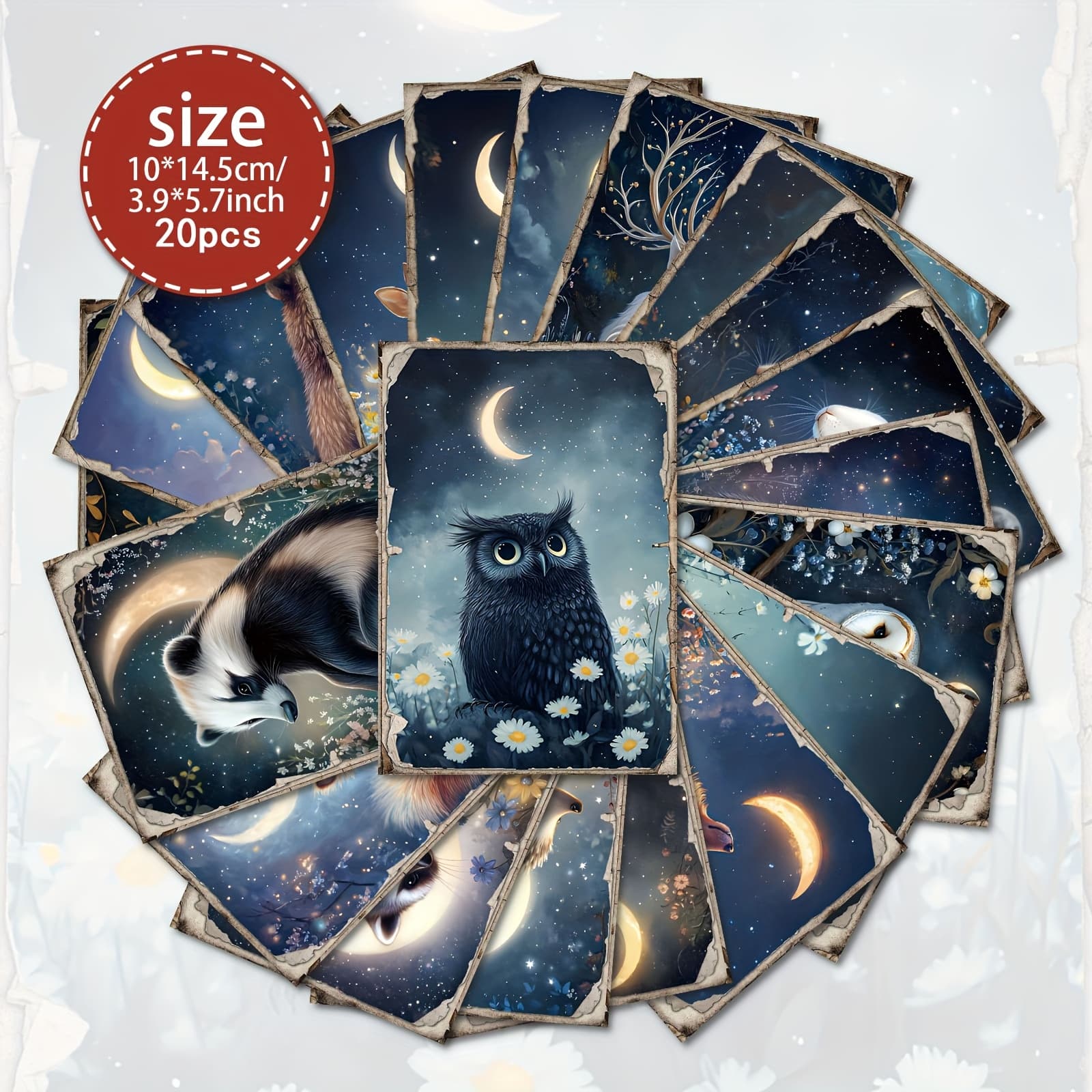 TEMU 20pcs Moonlight Animals Postcard Set, Thick Cardboard, , English Language, For Scrapbooking, Junk Journal, Crafts, Greeting Cards, Watercolor Art, Holiday Decorations