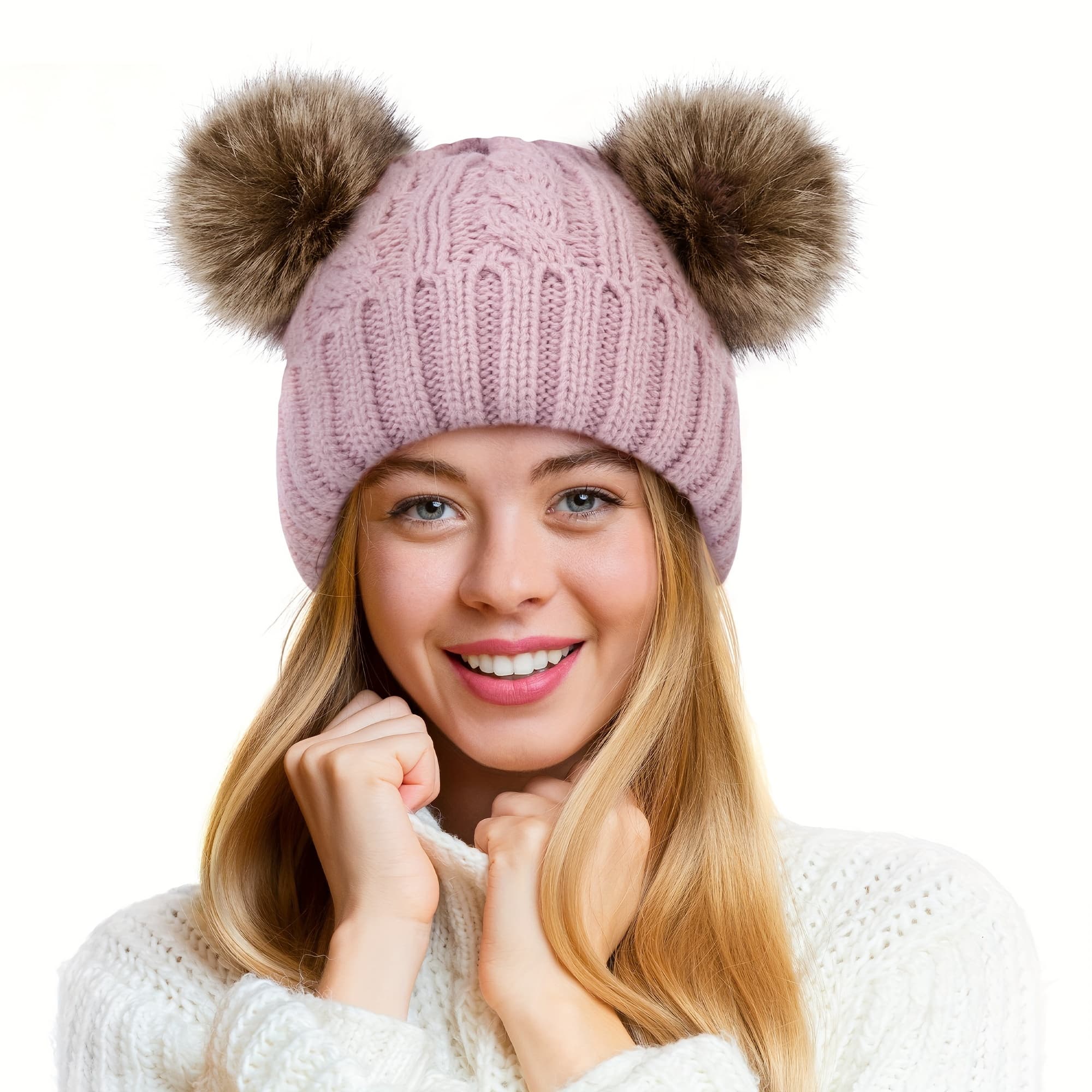 TEMU Pom Pom Hats For Women Double Pom Pom Beanie For Women Hat Black Beanie Hat Warm Women Winter Hats For Women Beanies With Pompom Ski Hat Women