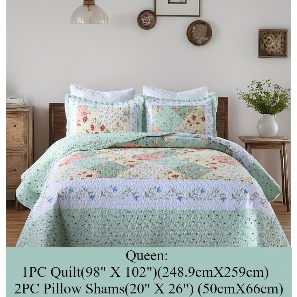 TEMU 3pcs Green Floral Print Quilt Bedspreads Set, 100% Microfiber Cover Quilted Production, Breathable And Comfortable Quality, Handmade , Family Coverlets Set Queen/king Set