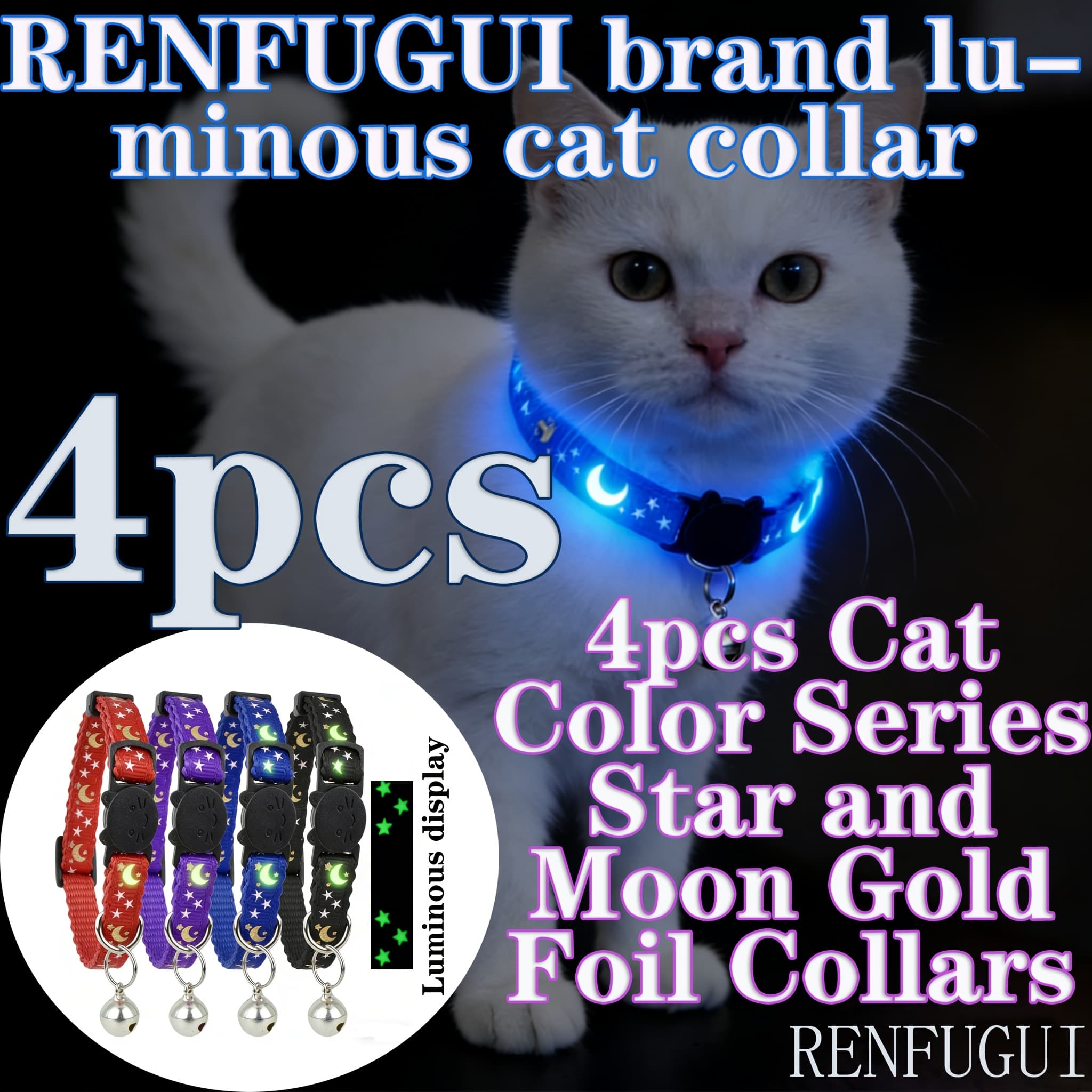 TEMU Renfugui Brand 4pcs Cat With Star Moon Bronzing Collar, Combination To Rotation And Holiday Dress, Bronzing Pattern Exquisite Wear-resistant, Material -friendly Neck