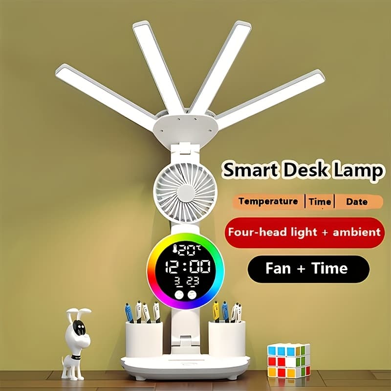 TEMU Smart Touch Led Desk Lamp With Usb - Dual-head, Dimmable And Color-changing Reading Light With Built-in Fan And Night Light, Eye-, Perfect For Home Office And Dorm Study - No Battery Required