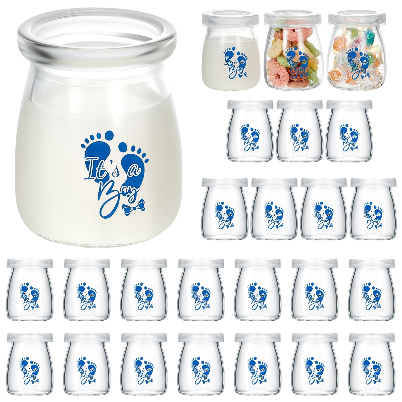 TEMU 24pcs A Boy Mini Glass Jars 3.4oz Clear Yogurt Jars With Pe Lids Jars Shower Party Favors Boy Baby Shower Decorations Centerpieces