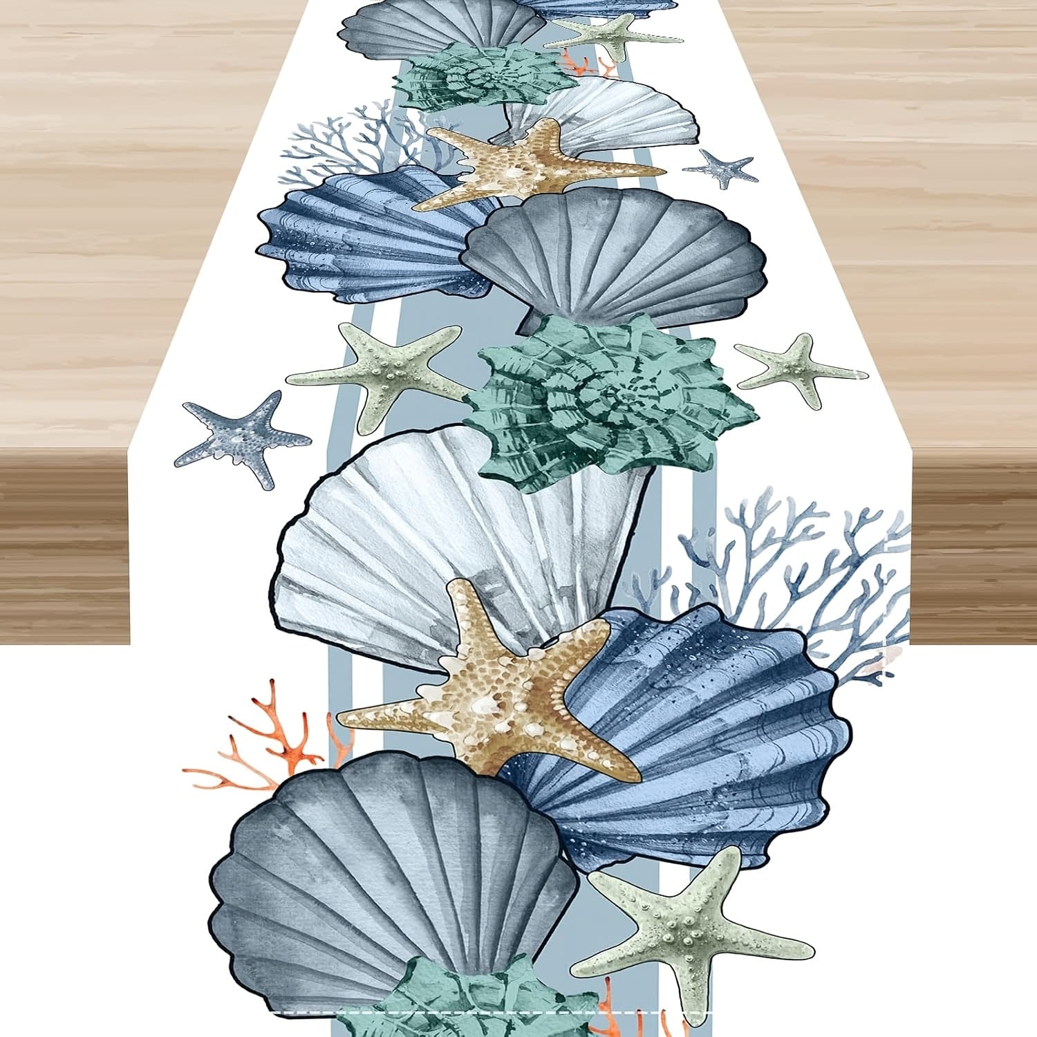 TEMU Coastal Table Runner, Nautical Starfish Coral Ocean Dining Tablerunner For Rustic Farmhouse Summer Table Indoor Outdoor Party Restaurant Decor, 13 X 72 Inches