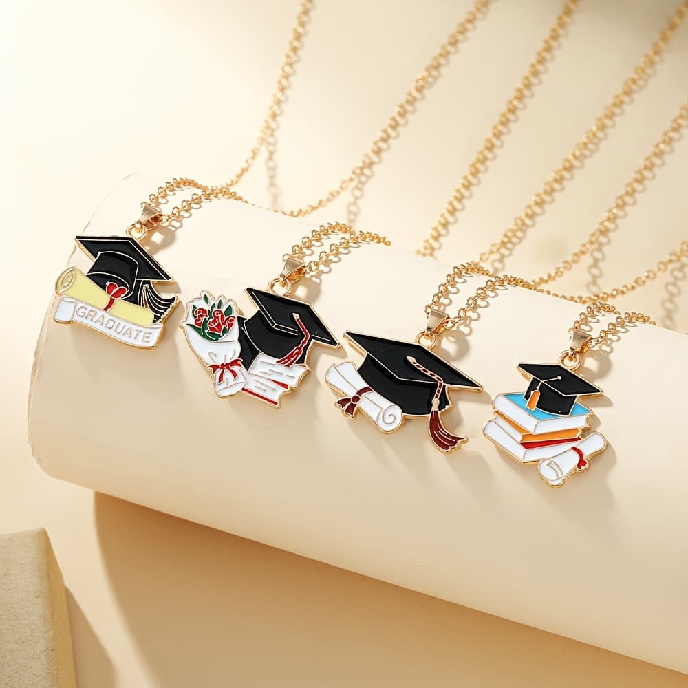 TEMU 4pcs Set, 2026 Graduation Season Necklace | Bachelor's Hat And Book Decoration Additions, Metal Souvenirs, Kc Golden Plated Alloy, Gifts For And