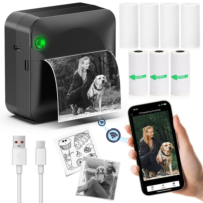 TEMU Mini Portable Thermal Printer | Wireless Inkless Sticker Printer, Includes 7 Rolls Of Thermal Paper, Suitable For Notes, , Receipts, And Scrapbooks.