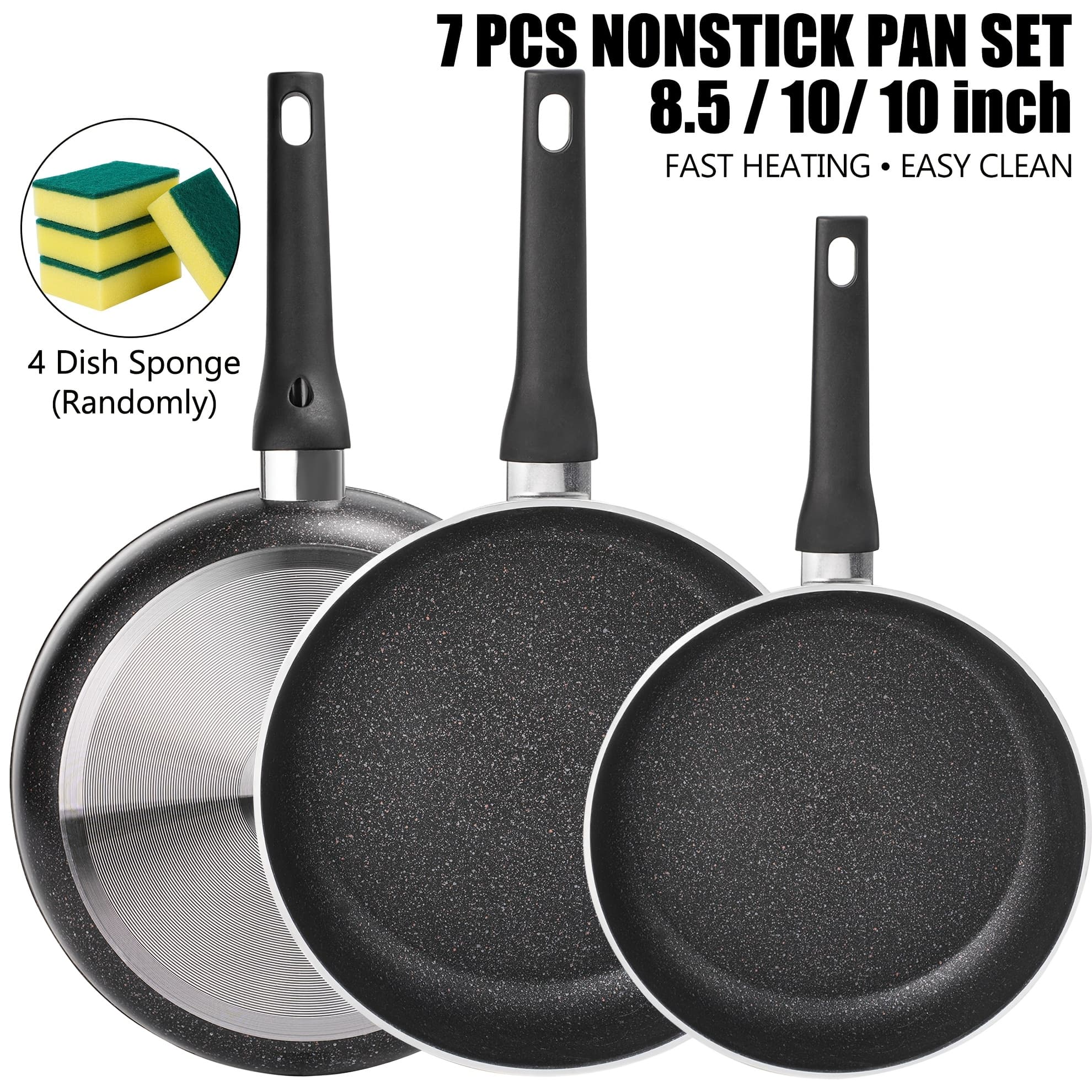 TEMU 7pcs Nonstick Frying Pan Set, 8.5" 10" 10" Set With Deep Frying Pan, Durable Aluminum Cookware, Fast Heating, Easy Clean, Includes 4 Random Style Dish Cloths