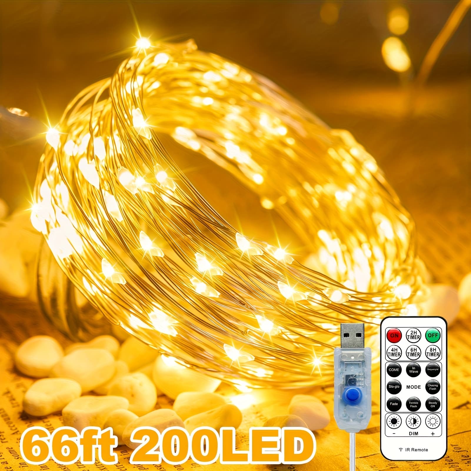 TEMU Usb Fairy Lights Plug In, 66 Ft 200 Led Warm White Twinkle String Lights With Remote And Timer, 8 Starry Lights For Indoor Wreath Party Wedding Christmas Decoration