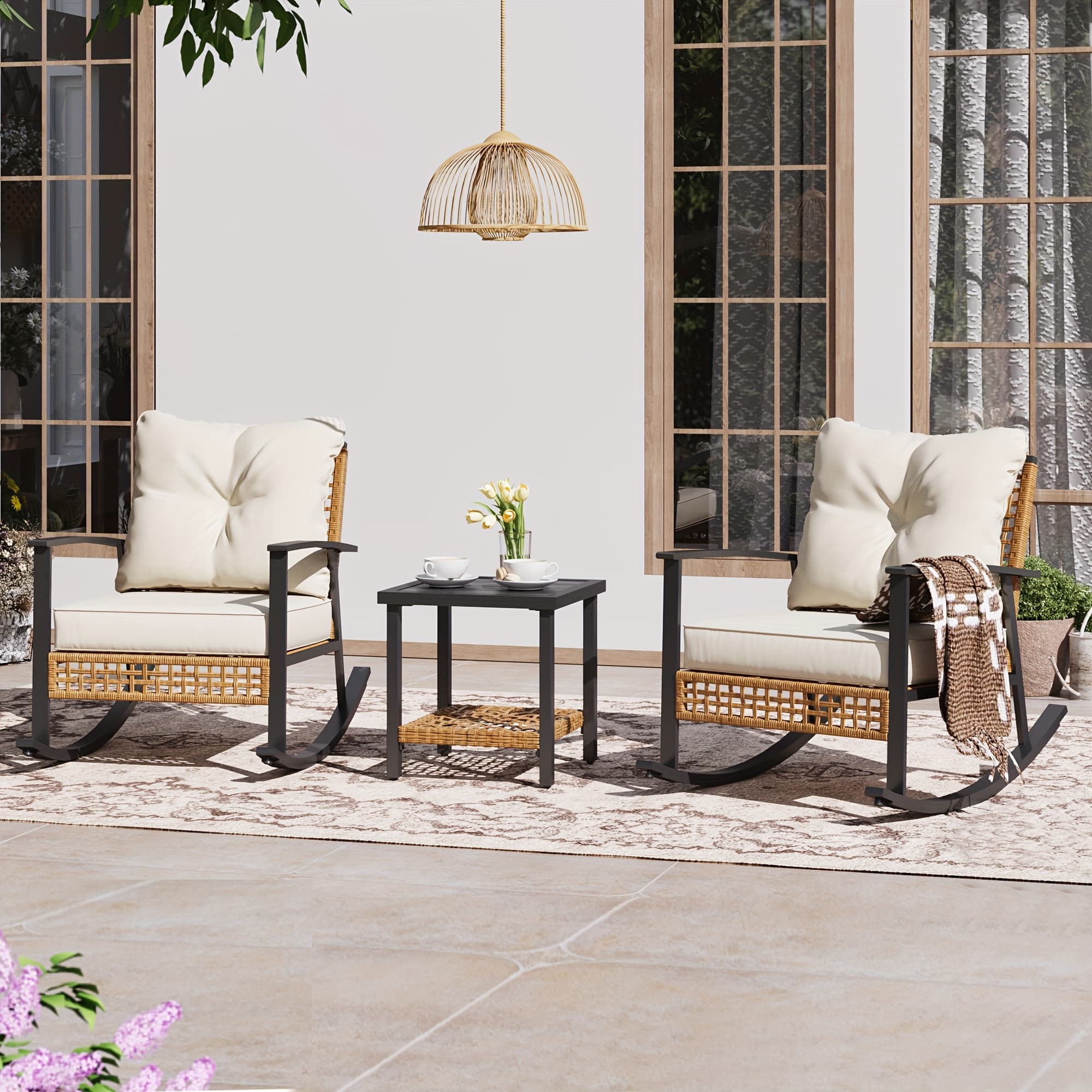 TEMU Lausaint Home 3pcs Rocking Bistro Set, Outdoor Patio Furniture Set With Thick Cushions And 2-tier Coffee Table, Oversize Rattan Conversation Sets For Garden, Balcony, Backyard (beige)