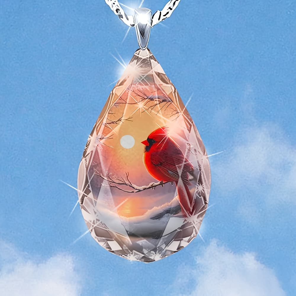 TEMU Women's Teardrop-shaped Glass Red Pendant Necklace With Snow Scene And Sunset - Elegant And , Suitable For Daily Wear And Special Occasions