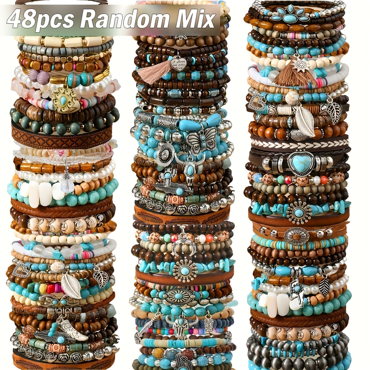 TEMU 48pcs Random Style Western Style Boho Summer Wooden & Stone Beads Bracelet Set, Retro Style Handmade Hand Accessories For Women, Ideal For Outdoor & Party Favors Jewelry Gifting
