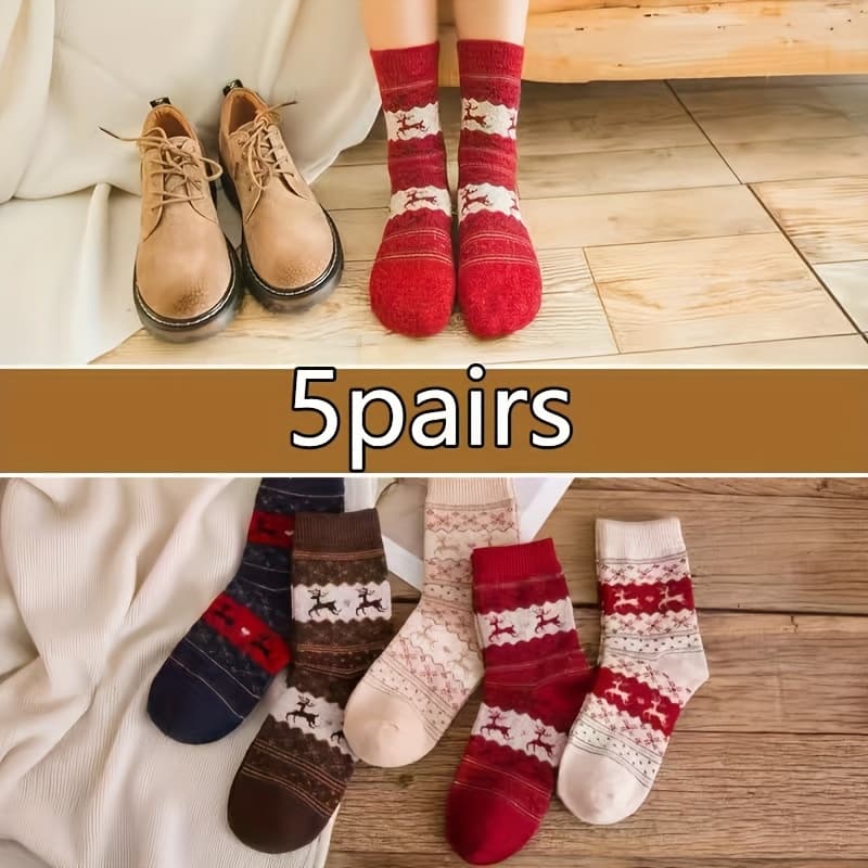 TEMU 5 Pairs Of Women's Socks For Autumn And Winter, New Style Warm Socks, Deer Towel Socks, Style Terry Socks, Thick Socks With Jacquard.