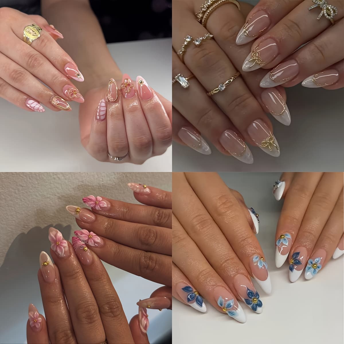 TEMU Set Of Containing 96pcs Of Stylish Press-on Nails European And , Featuring Floral Patterns, Pearls, Bows, And A Gradient Water . This High-end Collection Includes Short Almond-shaped Fake Nails