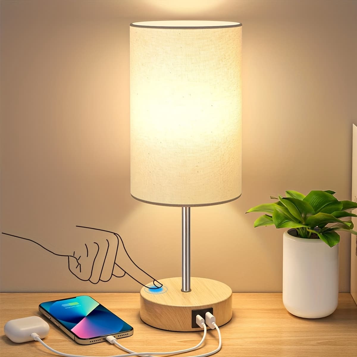 TEMU 1/2pcs Bedside Table Lamp For Bedroom - 3 Way Dimmable Touch Lamp Usb C Charging Ports, Small Base Round Shade For Living Room, Desk, A19 Led Bulb Included