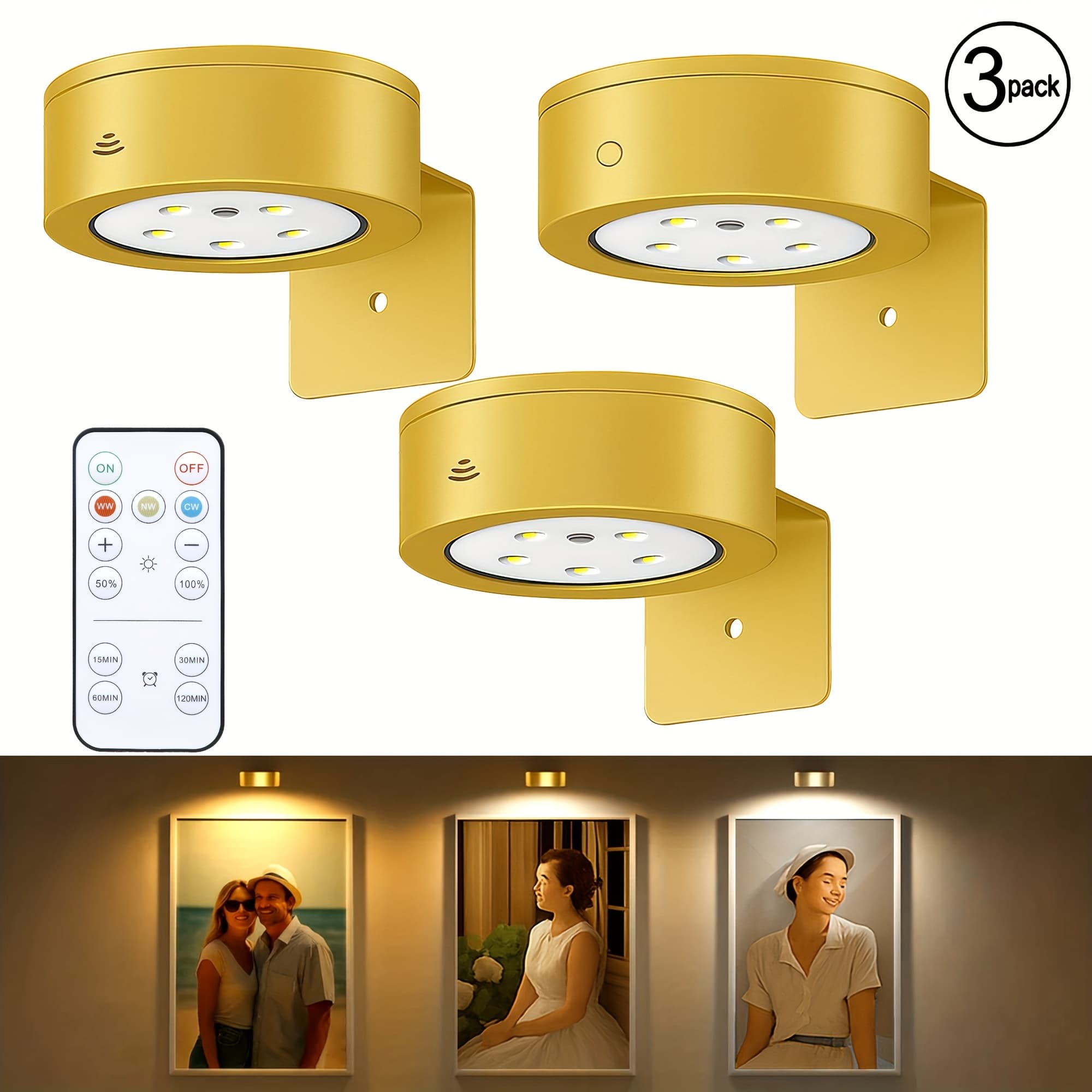 TEMU Set Of 6/3 Battery-powered Picture Lights Featuring A Magnetic , Remote Control For Dimming And Timing, For Art Displays, Wireless Puck Lights For Wall Decoration, In A