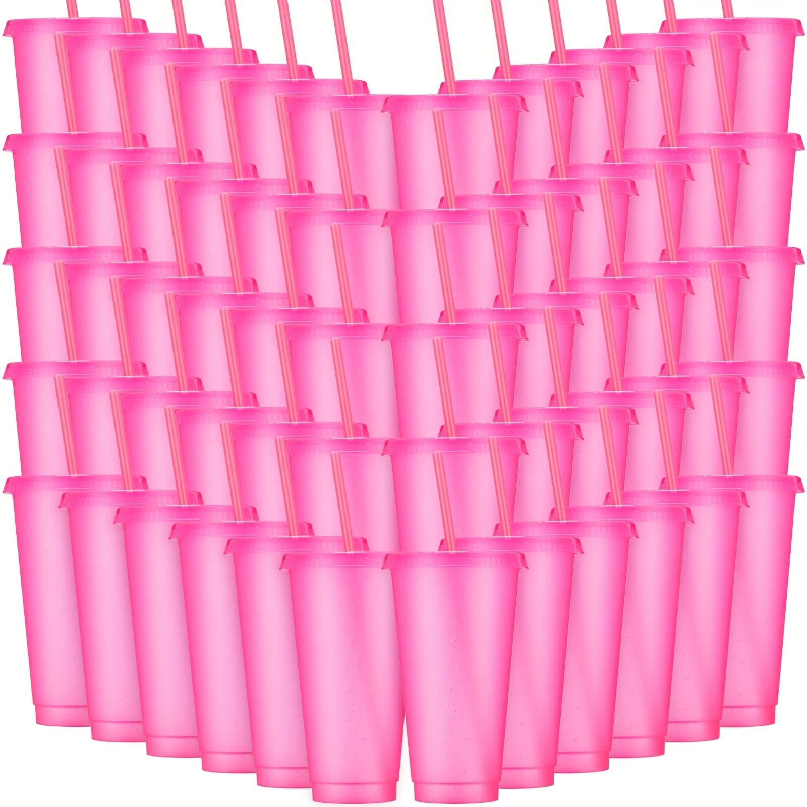 TEMU Bulk Of 60 Tumblers With Straws And Lids, Ideal For Iced Coffee Or Water, Perfect For Parties And Birthdays, Holding 24-27 Ounces ( Pink)