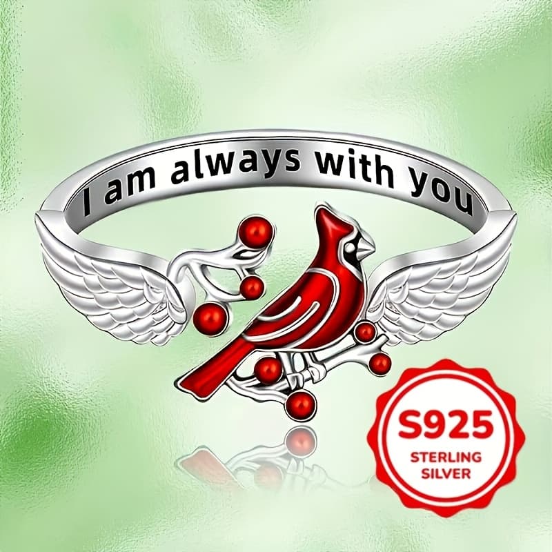 TEMU Ladies Ring 2.5g S925 Sterling Silver Engraved Enamel Bird Wings Ring Ladies Open Adjustable Ring Jewelry