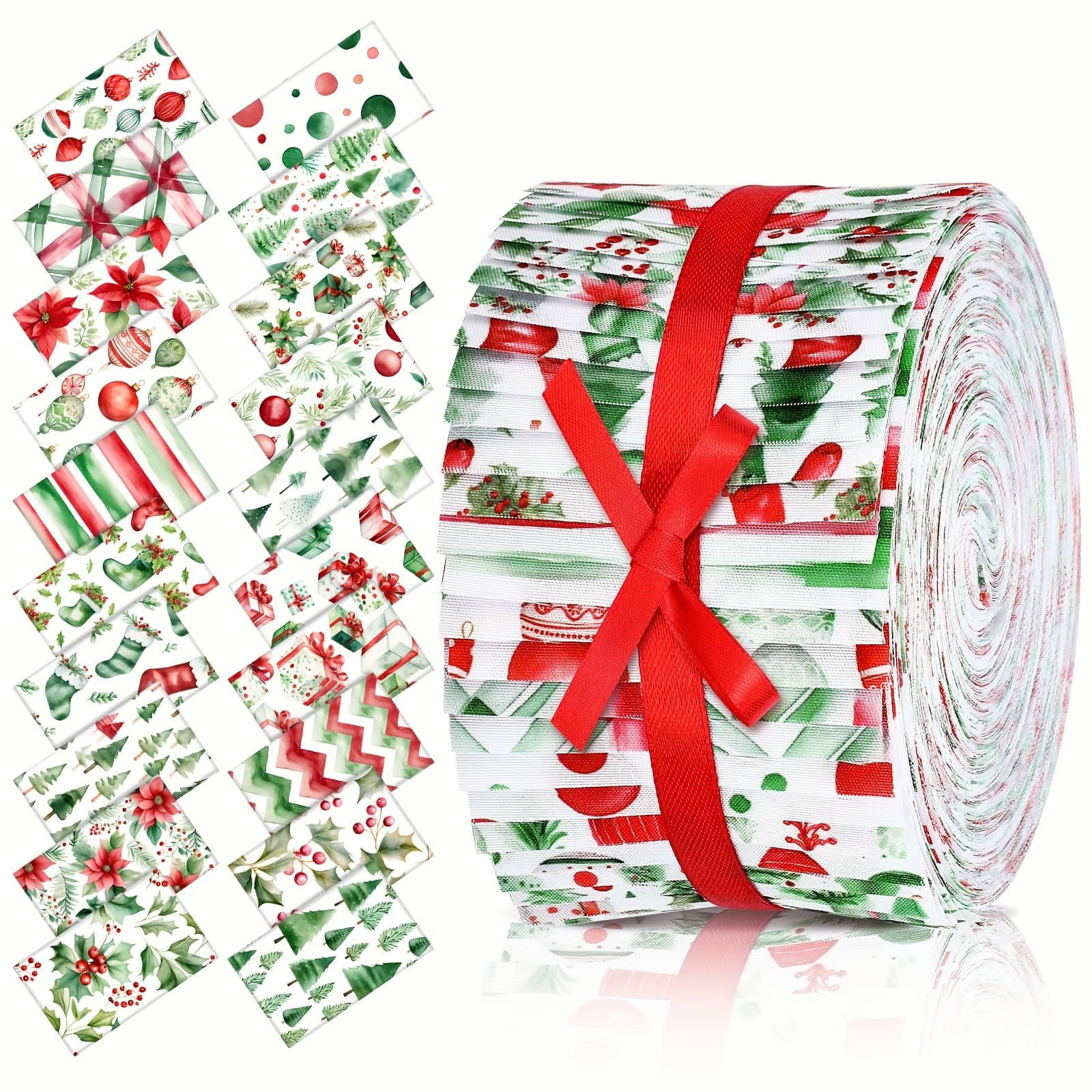 TEMU 40pcs Christmas & Jelly Fabric Roll - Red & Green Precut Quilting Strips (2.55 Inch) With Floral Pattern, Jelly Fabric For Diy , Holiday Sewing Crafts, Quilting