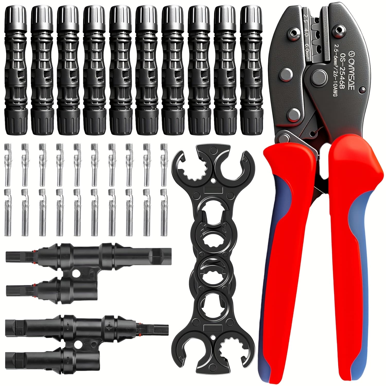 TEMU Solar Crimper Tool Kit With Y Connector - 24pcs Solar Tools For Pv Mc4 Connectors: 10-14awg Ratcheting Crimper, 10 Pairs Connectors, 2 Wrenches