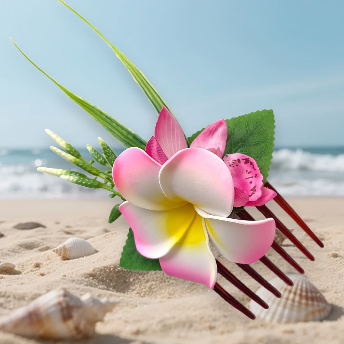 TEMU 1pc Hawaiian Foam Artificial Flower Side Comb, Faux Orchid Hair Comb For Bridal Wedding, Tropical Wedding Party Decoration