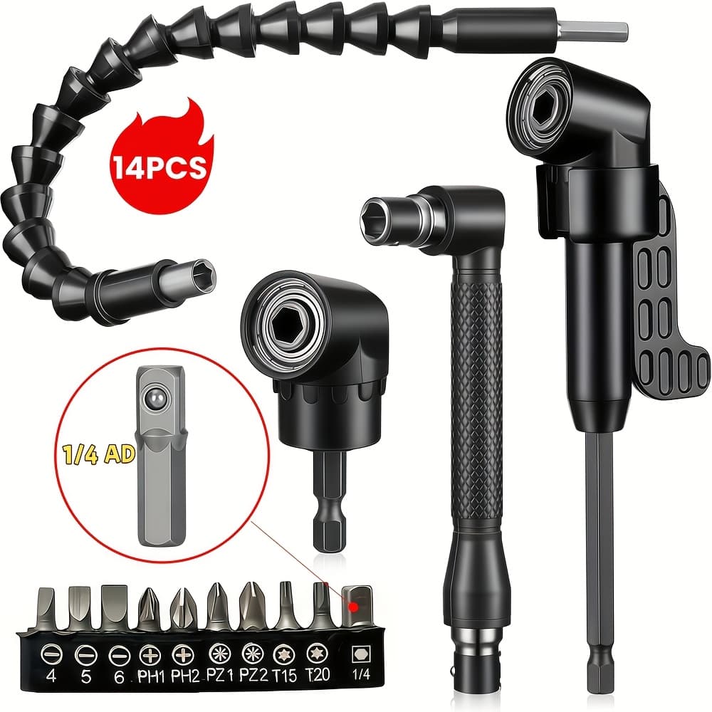 TEMU 14pcs Flexible Drill Bit Extension Set 1/4 Inch Hex Shank Drill Bit Extension 105 Right Angle Drill 90 Right Angle Screwdriver Bits 10 Short Screwdriver Bits Electric Hand Tool