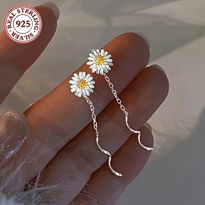 TEMU Pair Of Elegant 925 Pure Silvery Daisy Pendant Earrings, Fashionable , Women's Long Tassel Earrings, Jewelry, Best For Christmas