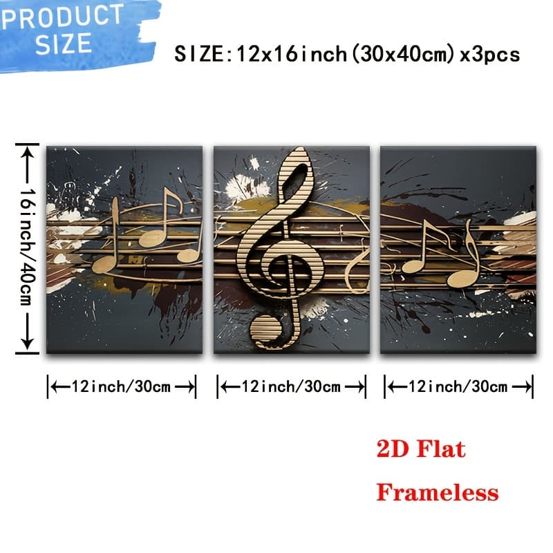 TEMU 2d Flat, 2d Flat, 2d Flat 3pcs High-definition Printed Canvas , Frameless Decorative Painting, Abstract Note Oil Painting Mural, Inspiration Triple Music Symbols