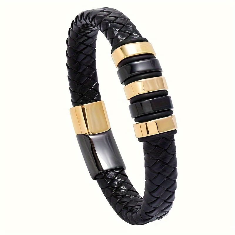 TEMU Men's Trendy Black Faux Leather Bracelet With Magnetic Clasp - Fashionable Alloy Accessory