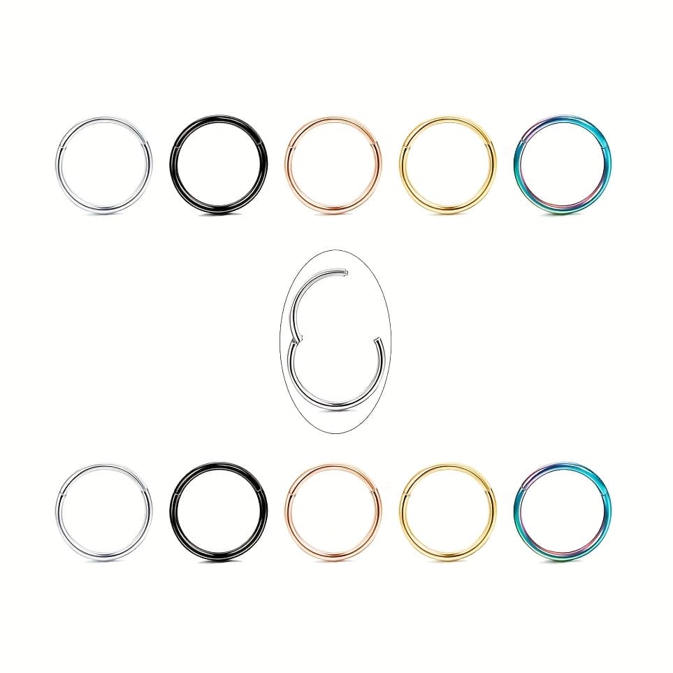 TEMU 10pcs Elegant Stainless Steel Hinge Clicker Segmented Nose Rings And Spiral Cartilage Tragus Earrings - Suitable For Daily Wear And Parties, Compatible