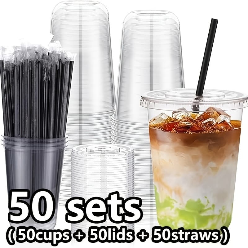 TEMU 50 Sets Of 16-ounce Transparent Ice Coffee Cups With Lids And Straws, Leak-proof U-shaped Cold Drink Cups, Suitable For Milk Tea, Iced Coffee, , Events, And Holiday Parties