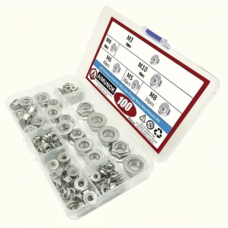 TEMU 100pcs 304 Stainless Steel Flange Nuts Insert Hex Lock Nuts Assortment Kit - Serrated Metric M3, M4, M5, M6, M8, M10 For Secure Fastening And Resistance