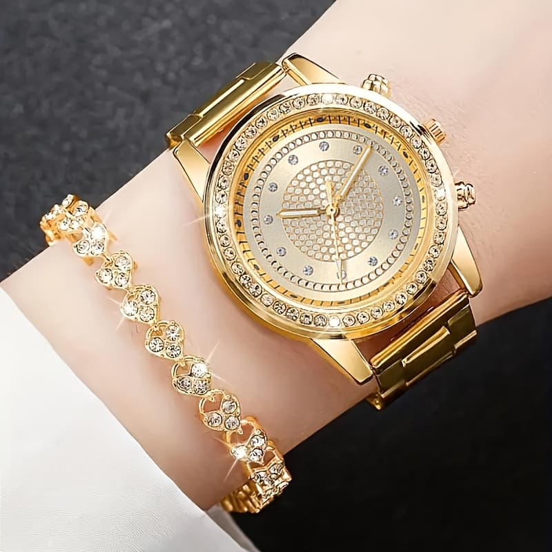 TEMU Set Of 2 Women's Watch And Bracelet, Stunning And Shiny Quartz Watch Bracelet, Lovely Watch With Rhinestones, A Gift For The Holidays, Trendy Jewelry Collection