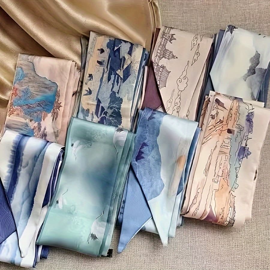 TEMU 8 Landscape Painting Ancient Style Narrow Long Strip Small Scarf Tied Bag Tied Hair Decoration Multi-functional Ribbon