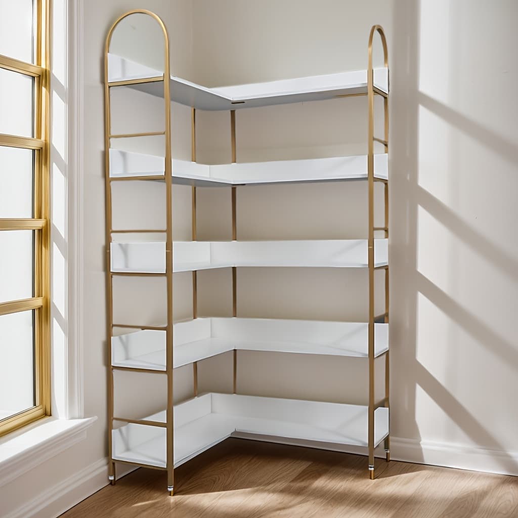 TEMU Fashion Bookshelf Storage Rack 5-layer Corner Bookshelf Bookcase Product Size: 90.5*90.5*185cm White + Golden 20*20*0.8mm 15*15*0.5mm Steel Pipe (side Frame Horizontal Pipe)