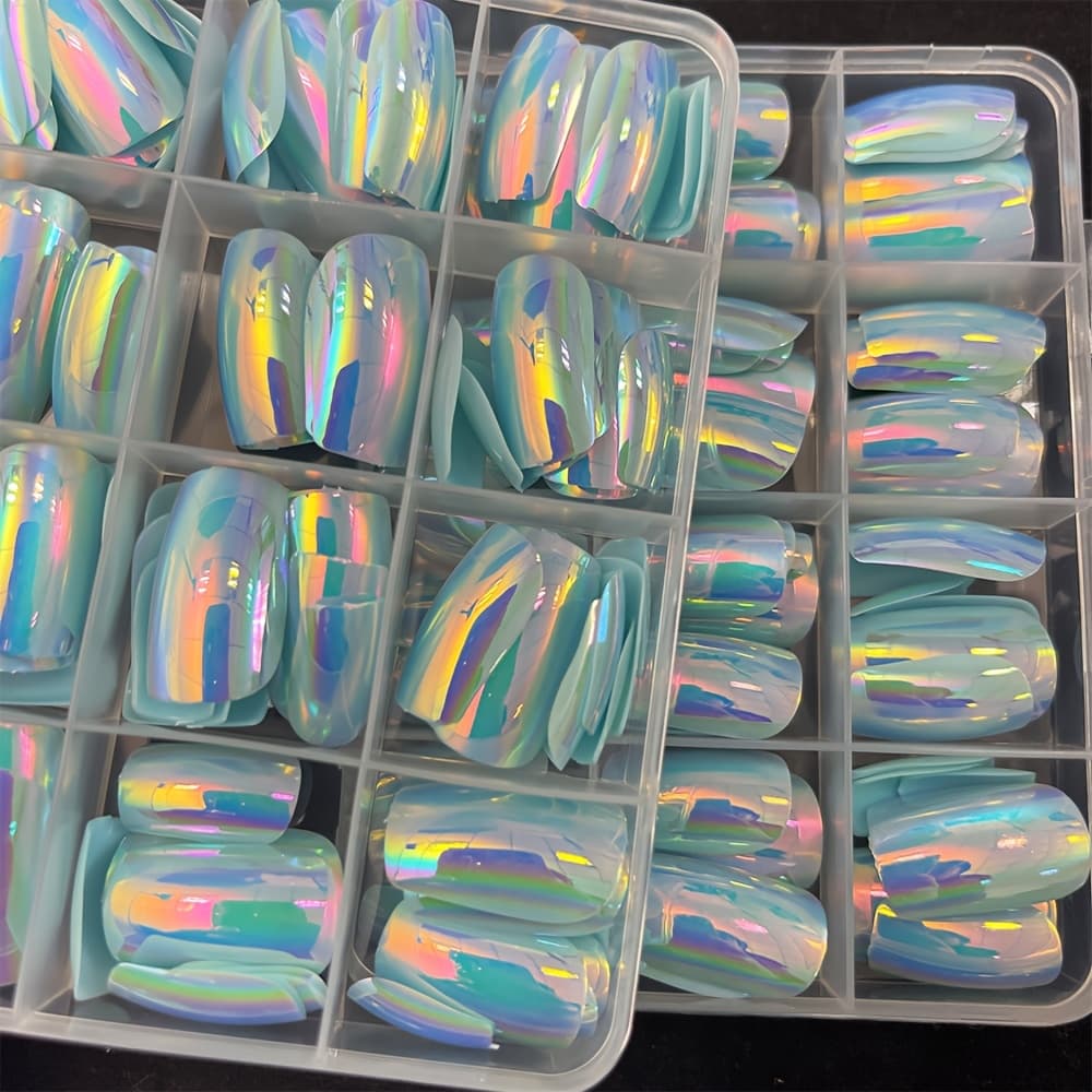 TEMU 1box Iridescent Laser Medium Coffin Press On Nails, 12 Grids Full Cover False Nail Tips, Light Blue Aurora Pre-shaped Fake Nails For Salon & Home Use Manicure