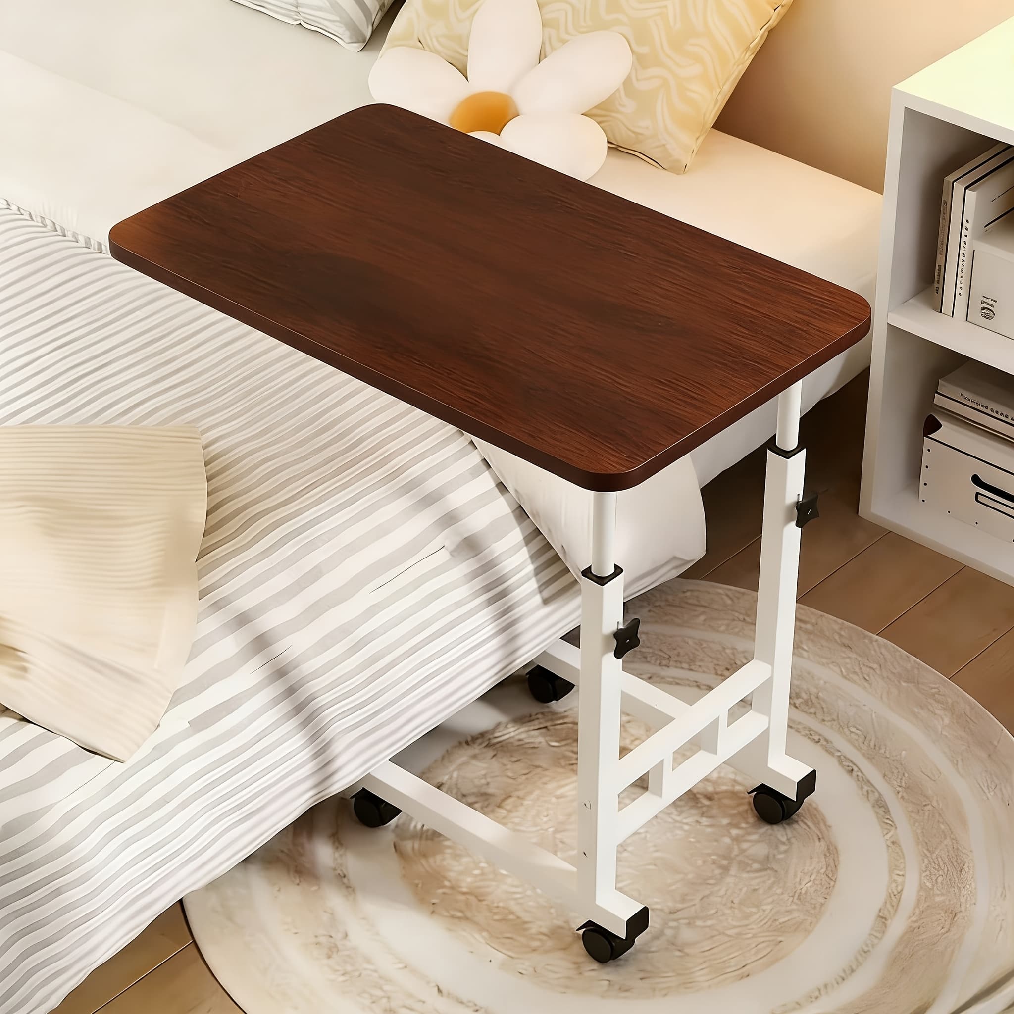 TEMU Foldable Mobile Table With Adjustable Height, Wheels And Storage Drawers - Space-saving Bed/sofa Computer Desk, Sturdy Small Work, 3-tier Metal Office Desk For Bedroom, Living Room, Office, Etc.