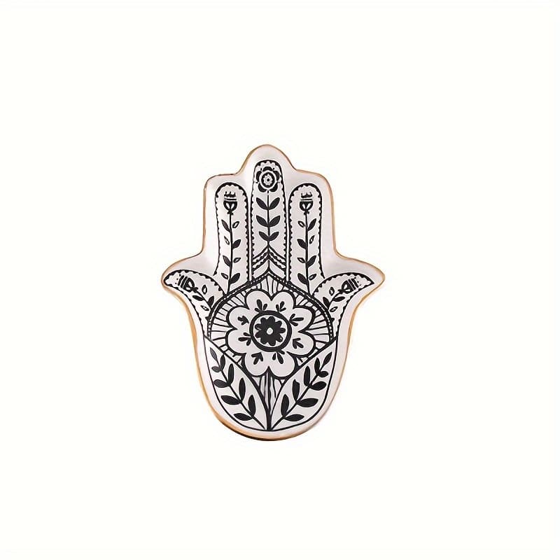 TEMU 1pc Ceramic Jewelry Tray, , Decorative Palm-shaped Holder For Accessories, White & Black, Elegant Display Dish For Rings & Earrings