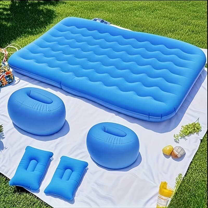TEMU Pvc Fleece Blue Portable Inflatable Car Bed - Rectangular Air Cushion For Suv Travel And Camping With Storage Bag And Repair Kit