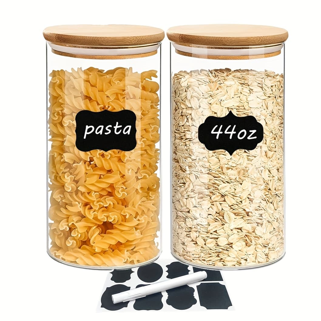 TEMU 2pcs Glass Food Storage Jars [44oz], Clear Glass Food Storage Containers With Airtight Bamboo Lid Stackable Kitchen Canisters For Candy, Cookie, Rice, Sugar, Flour, Pasta
