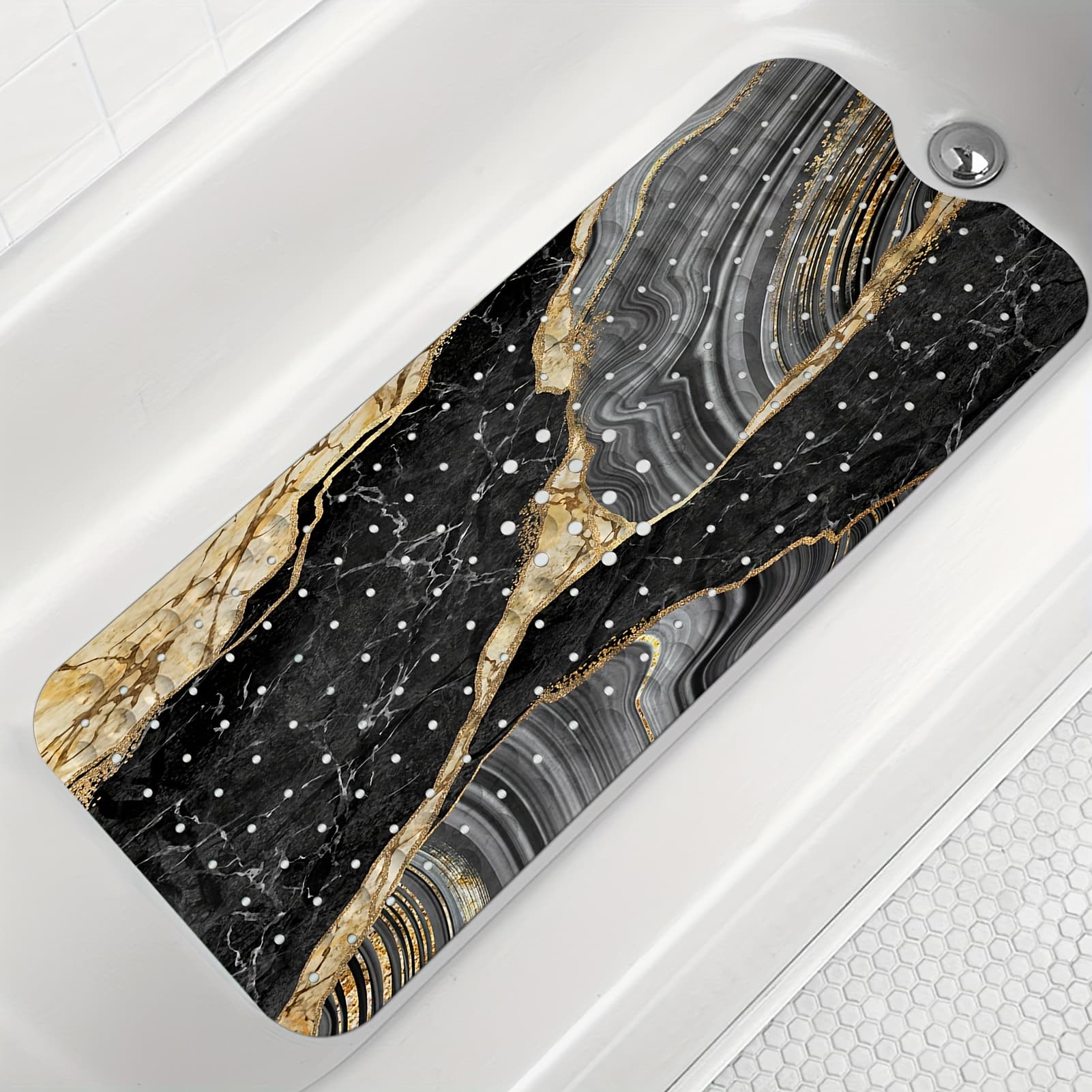 TEMU Marble Bathtub Non-slip Mat, Extra Long 40 X 16 Inch Bathtub Non-slip Mat, Abstract Marble Shower Mat With Drainage Holes And Suction Cups, Machine Washable
