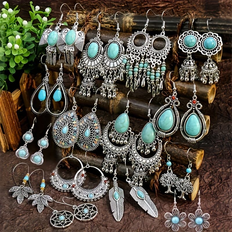 TEMU 15 Pairs Bohemian Ethnic Vintage Drop Earrings Set Acrylic Turquoise Dangle Earrings Women Elegant Daily Outfits Party Jewelry Women's Ear Jewelry Accessories